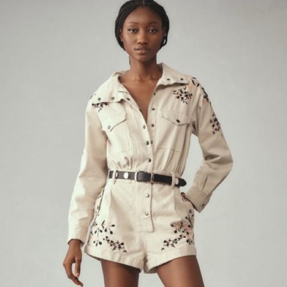 Anthropologie Tan Utility Jumpsuit with Pink & Black Embroidery